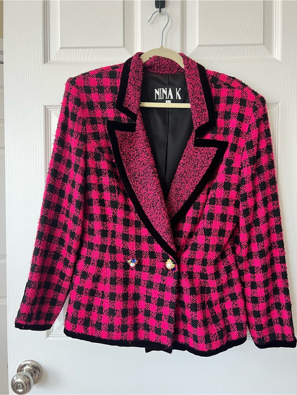 Nina K Pink and Black Checked Tweed Blazer with Velvet Trim and Jeweled Buttons